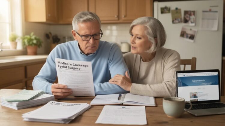 A senior couple reviewing Medicare documents at a kitchen table, discussing eyelid surgery coverage options.