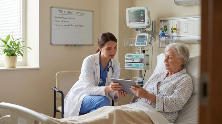 A healthcare professional discussing treatment options with an elderly patient in a hospital room.