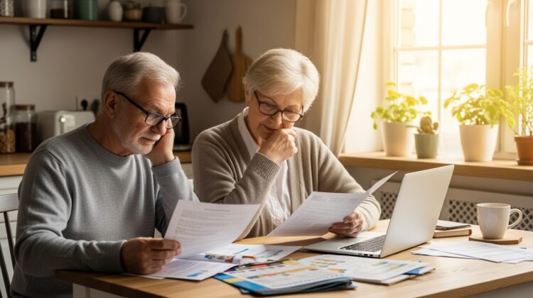 A senior couple discussing Medicare options at a kitchen table with documents and a laptop.