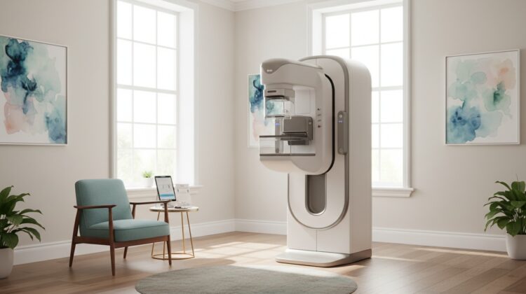  A modern mammogram machine in a bright and welcoming examination room with medical charts and a comfortable chair.