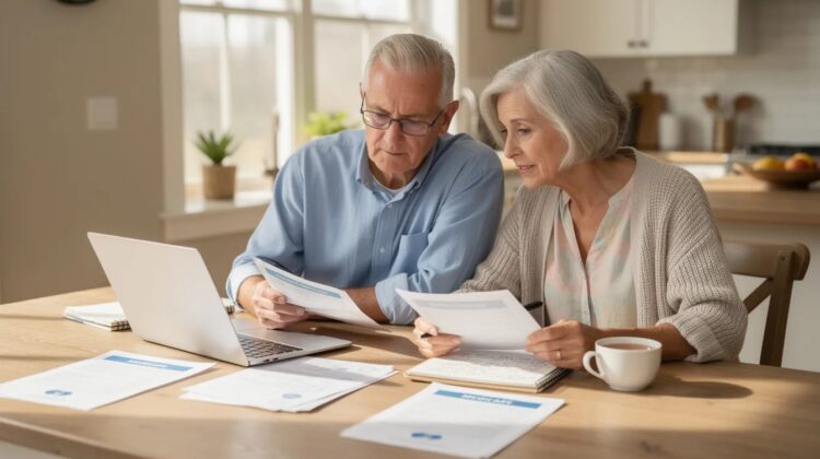 A senior couple discussing Medicare coverage options at a kitchen table with health documents and a laptop.