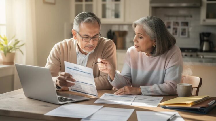 A senior couple reviewing Medicare plan documents at a kitchen table with a laptop and coffee.