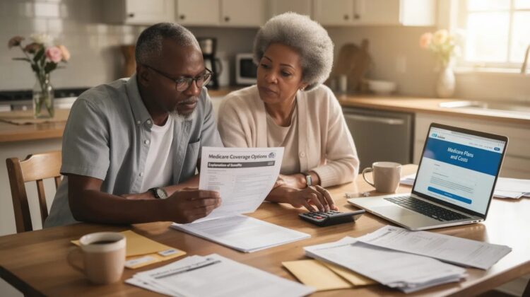A senior couple examining Medicare documents at a kitchen table with a laptop and calculator.