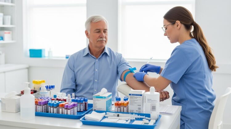 Senior patient having blood drawn in a clinic for Medicare-covered diagnostic testing.