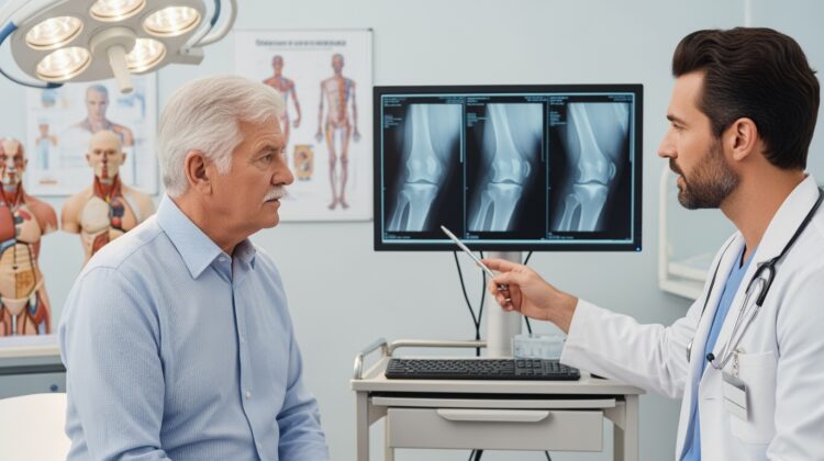 Medicare patient discussing knee replacement surgery with an orthopedic surgeon.