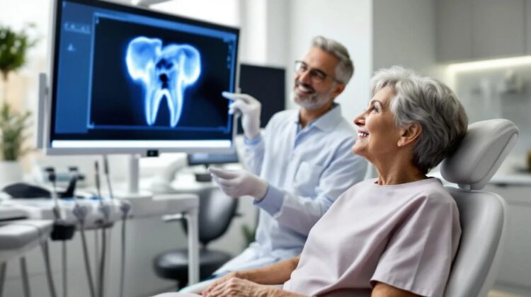 Dentist reviewing a senior patient’s dental X-ray to discuss Medicare coverage for a root canal.