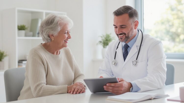 Older woman consulting with her doctor about a specialist referral, representing how Medicare handles referral requirements.