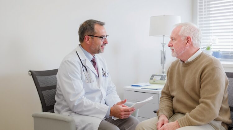 Doctor reviewing Xofigo treatment options with a Medicare patient in an oncology clinic.