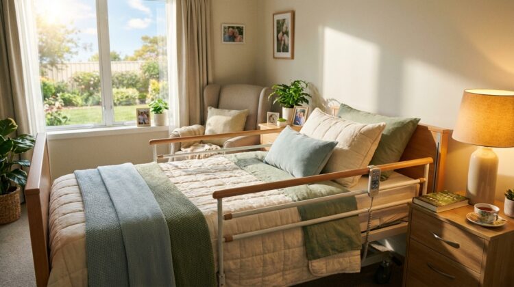 A hospital bed with adjustable side rails in a bright and cozy bedroom, with a bedside table and a window showing sunlight.