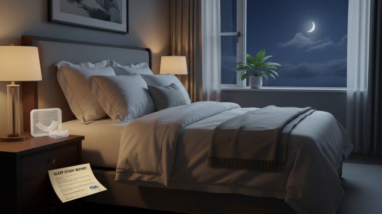 A cozy bedroom with a bed, nightstand, sleep study report, and an oral appliance for sleep apnea.