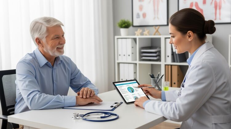 A senior person in a doctor's office discussing health with a healthcare provider, with a tablet and medical charts in the background.