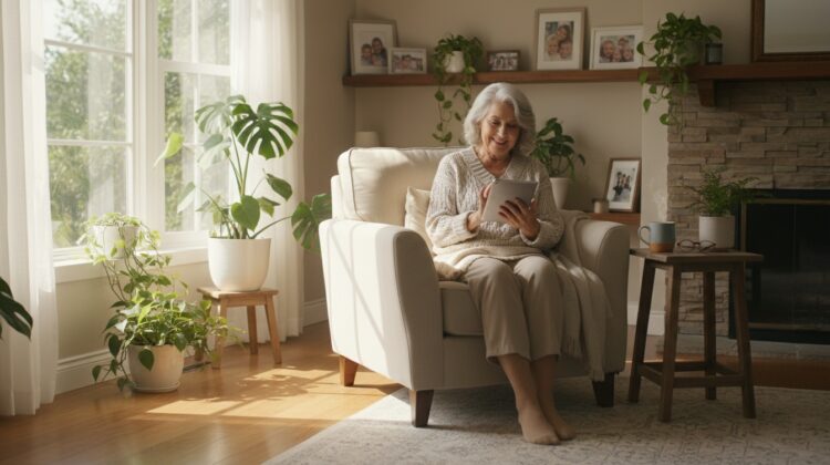 A senior individual sitting in a cozy living room, smiling while looking at a tablet device, surrounded by plants and family photos.