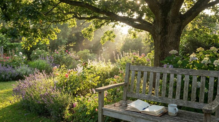 A peaceful garden with a bench, flowers, and a notebook, symbolizing financial planning for end-of-life arrangements.