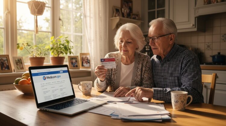 An elderly couple examining their Medicare cards and documents at a kitchen table with a laptop open.