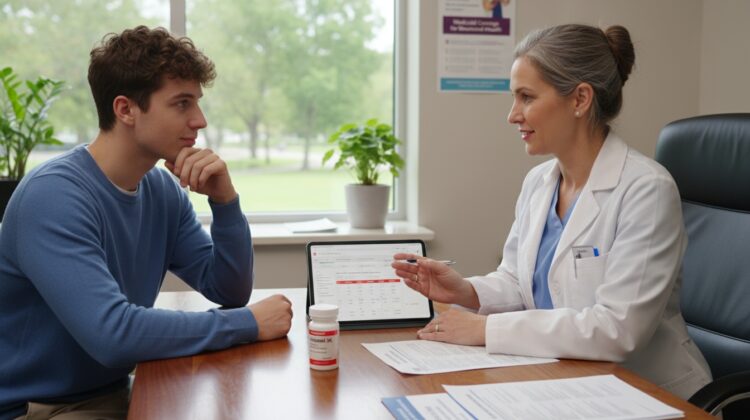 Doctor discussing ADHD treatment and Adderall XR prescription options with a Medicaid patient.