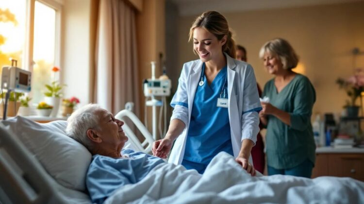 Hospice nurse providing compassionate end-of-life care to a senior patient covered under Medicare Advantage.