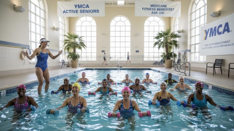 Seniors enjoying a YMCA water aerobics class while learning about Medicare fitness benefit coverage.
