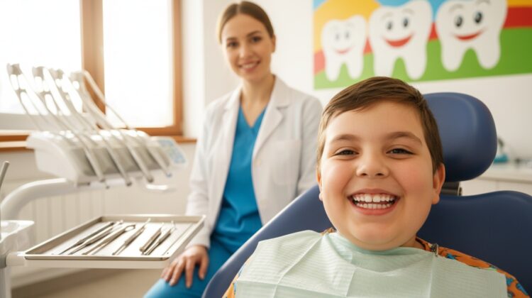 A child smiling in a dental office, sitting in a dental chair with dental tools in the background.