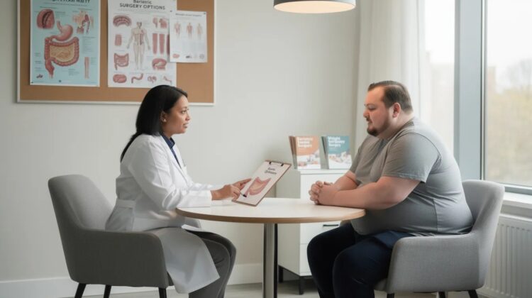 A healthcare professional consulting with a patient about weight loss surgery options in a well-lit medical office.
