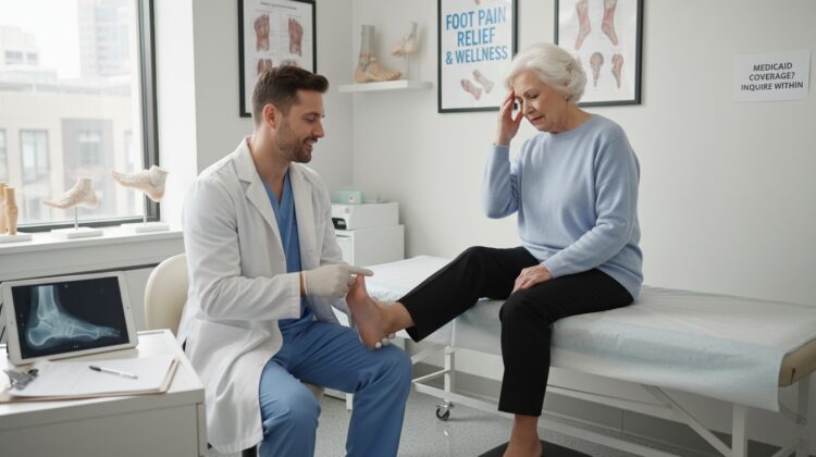Podiatrist examining a senior woman’s foot for bunion surgery under Medicaid coverage.