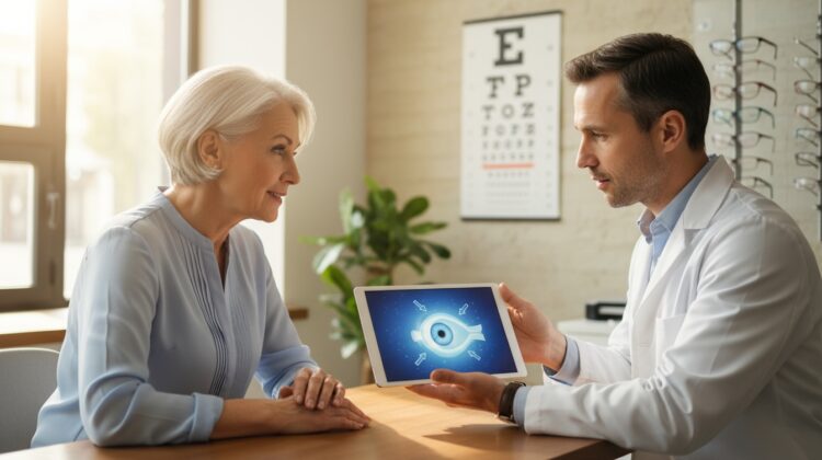 Older woman consulting with an eye doctor about LASIK surgery options on a digital tablet, representing Medicaid coverage discussions for vision care.