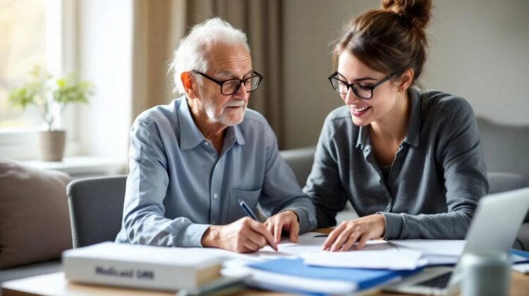 Older adult reviewing Medicare bills with assistance while learning about Medicaid QMB coverage.