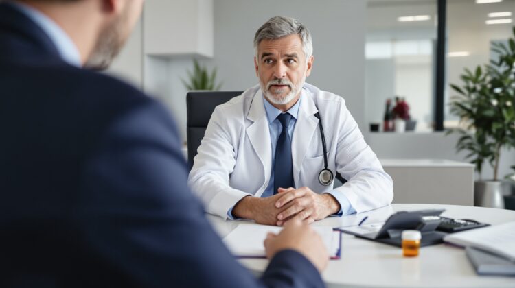 Doctor discussing erectile dysfunction treatment options, including Viagra, with a mature male patient.