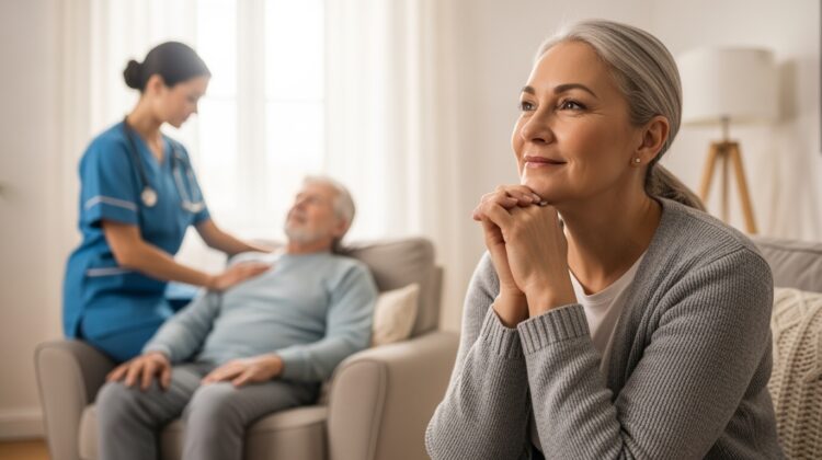 Caregiver taking a break while nurse provides respite care for an elderly patient