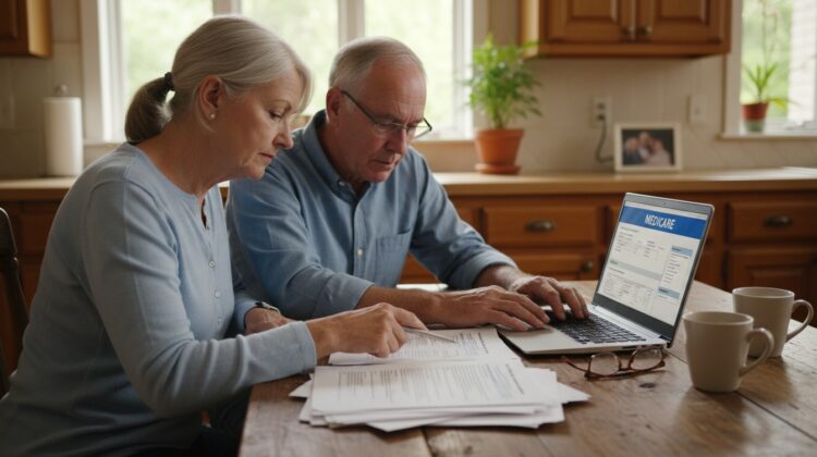 An elderly couple reviewing healthcare documents at a kitchen table with a laptop open in front of them.