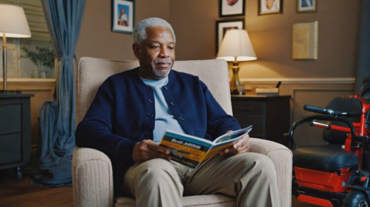 A senior person reviewing a brochure about mobility devices in a cozy living room with a mobility scooter in the background.
