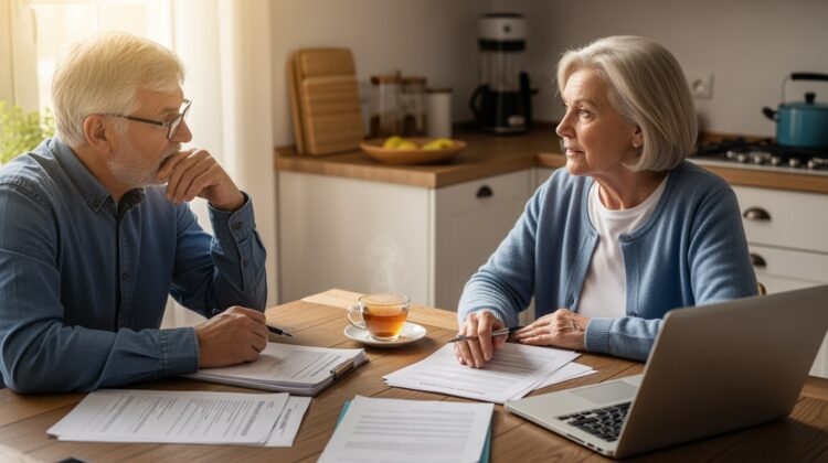 A senior couple discussing Medicare coverage options at a kitchen table with health documents and a laptop.