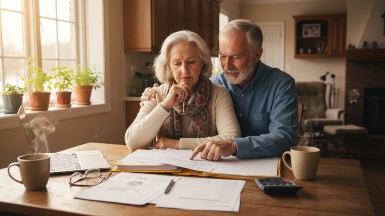 A senior couple examining financial documents at a kitchen table, discussing retirement plans.