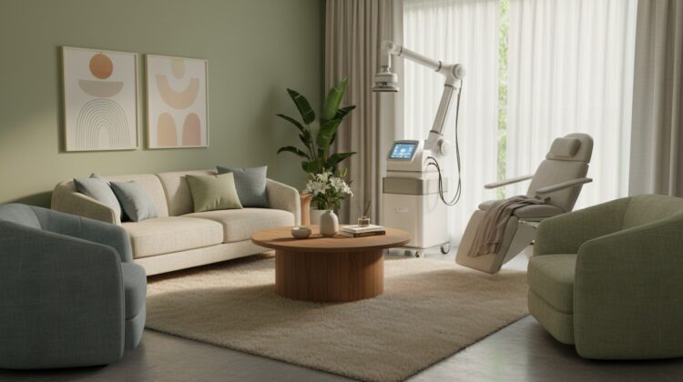 A tranquil outpatient therapy room featuring a transcranial magnetic stimulation device, comfortable seating, and soothing decor.