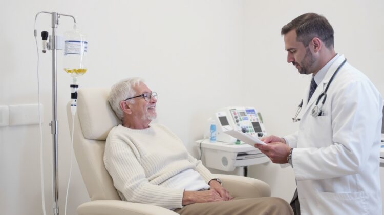 Senior patient consulting with an oncologist about Keytruda immunotherapy treatment.