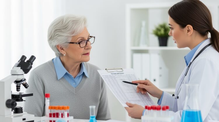 Senior patient reviewing thyroid test results with a healthcare provider in a medical clinic.