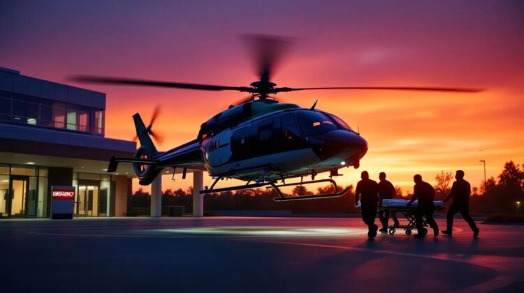 Medical helicopter landing at hospital helipad for a Medicare-covered emergency air ambulance transport.