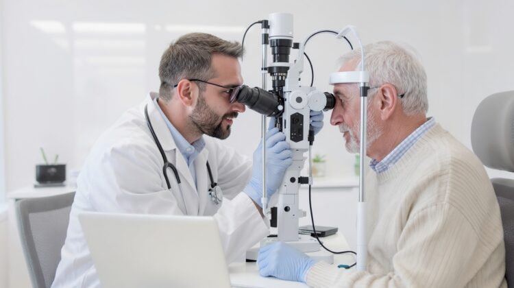 Ophthalmologist performing an eye exam for a senior patient covered by Medicare.