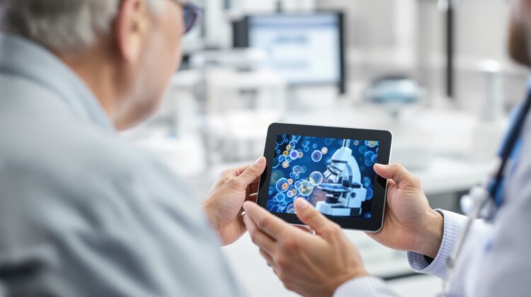 Doctor explaining stem cell therapy treatment options to a Medicare patient.