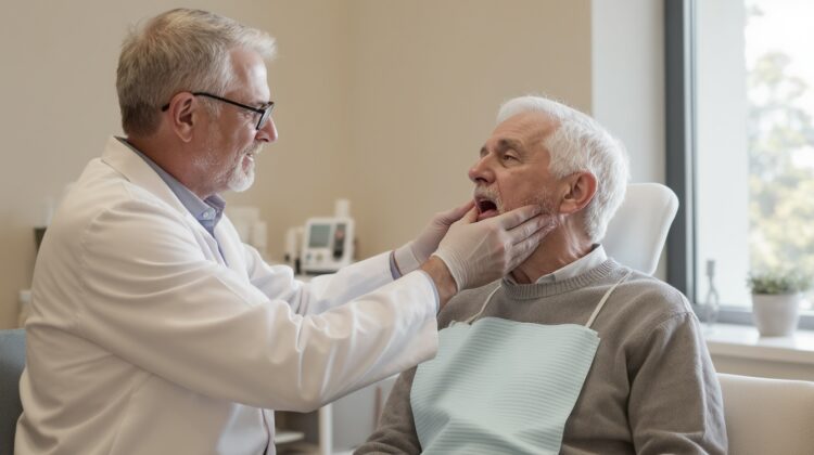 Doctor examining a senior patient’s jaw for TMJ disorder in a medical office, representing Medicare coverage for medically necessary TMJ treatment.
