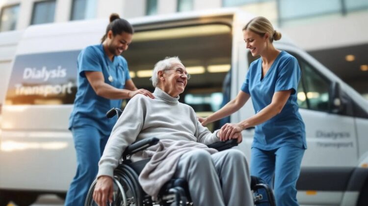 Medicare patient being helped into a medical transport van for dialysis treatment.
