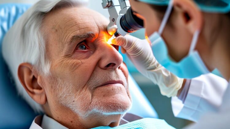 Ophthalmologist performing YAG laser capsulotomy on a Medicare patient after cataract surgery.