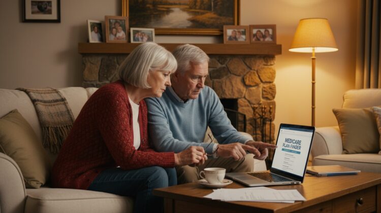 A senior couple discussing healthcare options in a cozy living room with a laptop.