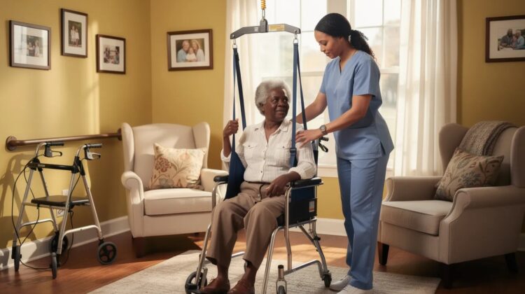 A caregiver assisting a senior individual with a manual Hoyer lift in a cozy home setting.