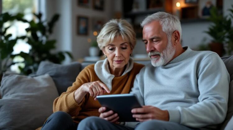 A senior couple discussing healthcare information on a tablet in a cozy living room.