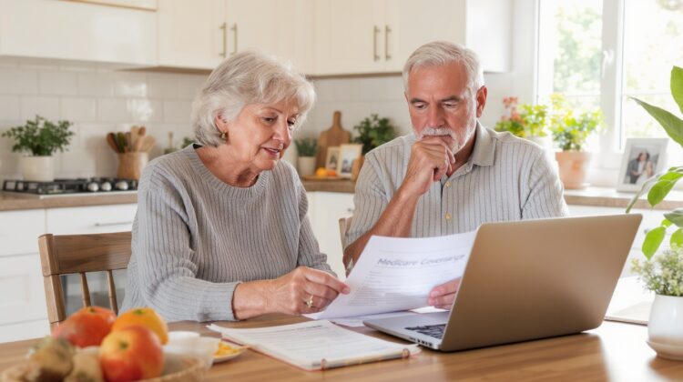 A senior couple discussing Medicare coverage at a kitchen table with documents and a laptop.