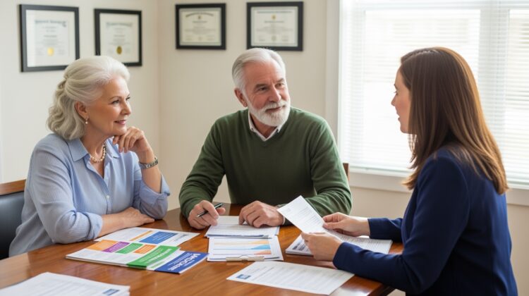 Senior couple reviewing whether Medicare benefits apply to a spouse with a Medicare advisor.