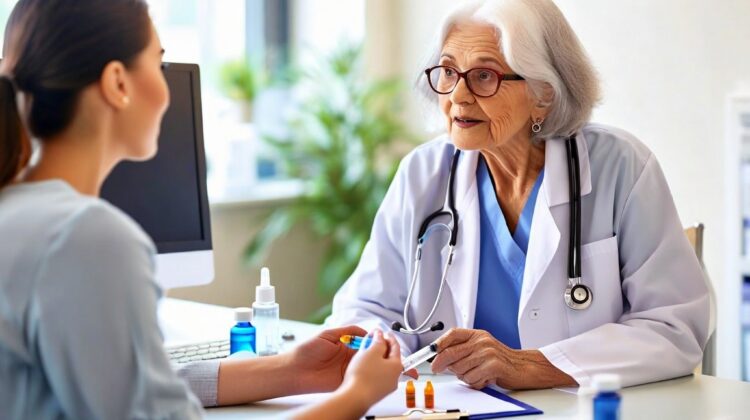 Patient on Medicare consulting with a healthcare provider about Repatha injectable cholesterol treatment.