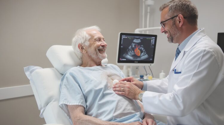 Senior patient receiving an echocardiogram as part of Medicare-covered heart care.