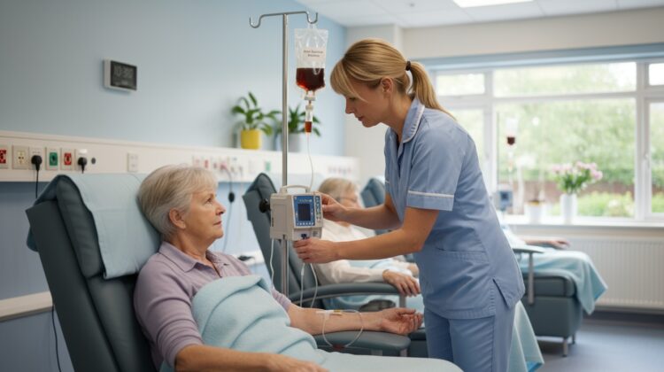 Senior patient receiving an iron infusion in a clinic, illustrating Medicare coverage for medically necessary iron treatments.