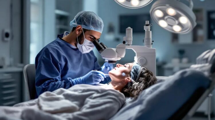 Dermatologic surgeon examining tissue during Mohs surgery for a Medicare patient.